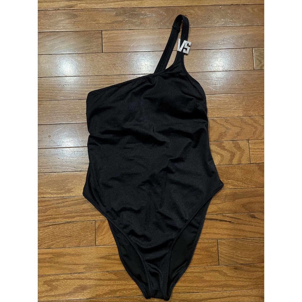 Victoria's Secret One Shoulder Swimsuit Black Rhinestone VS Logo Y2K Size S